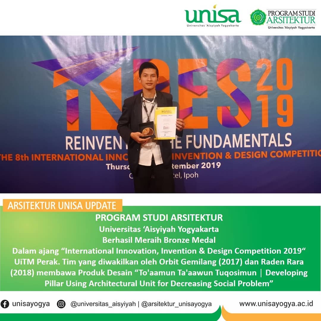 Program studi Arsitektur Unisa meraih bronze medal untuk International Innovation, invention and design competition 2019 UiTM Perak Malaysia.